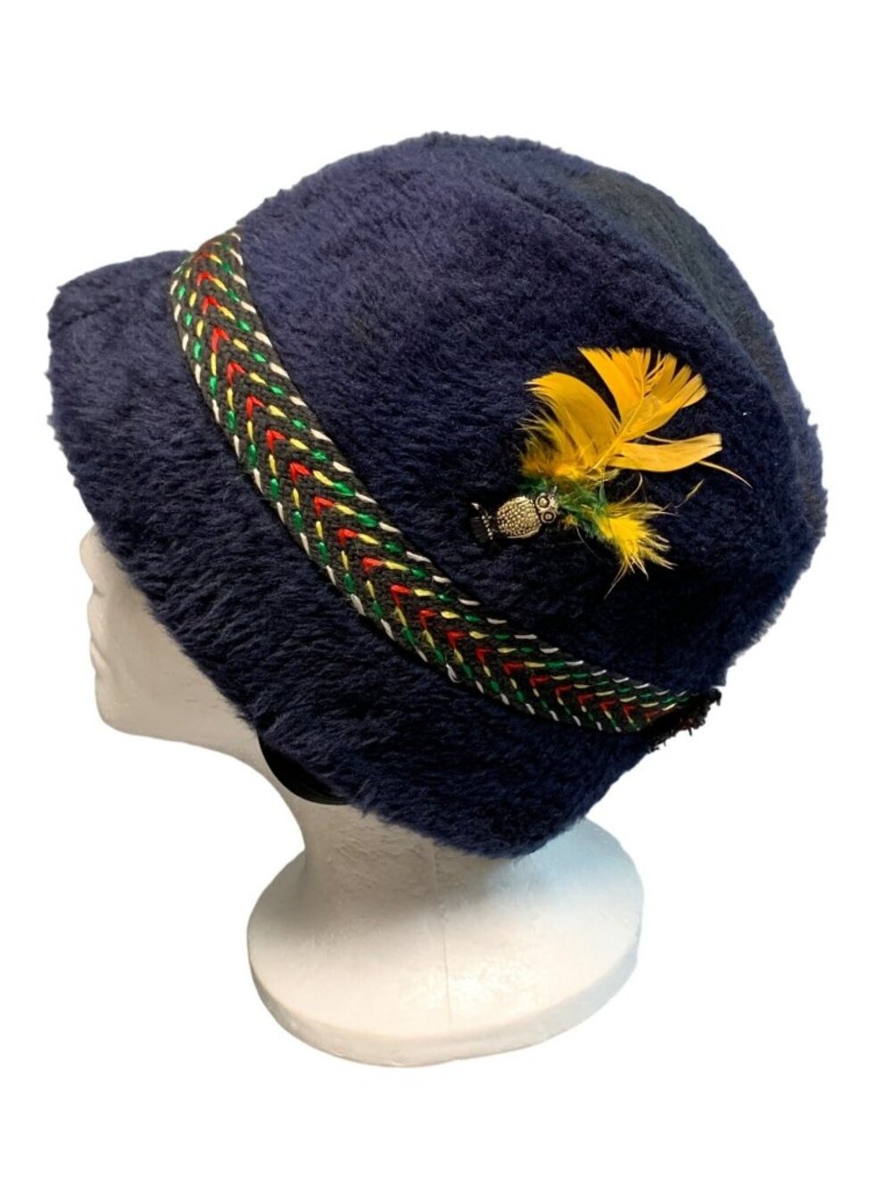Vintage Bavarian Style Faux Fur Hat Feather & Colorful Trim